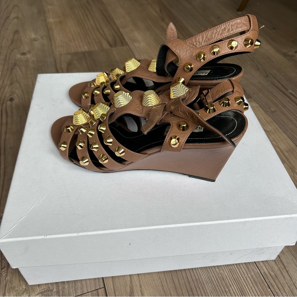 Balenciaga Leather Arena Studded Gladiator Wedge brown with gold Sandal. Size 8
